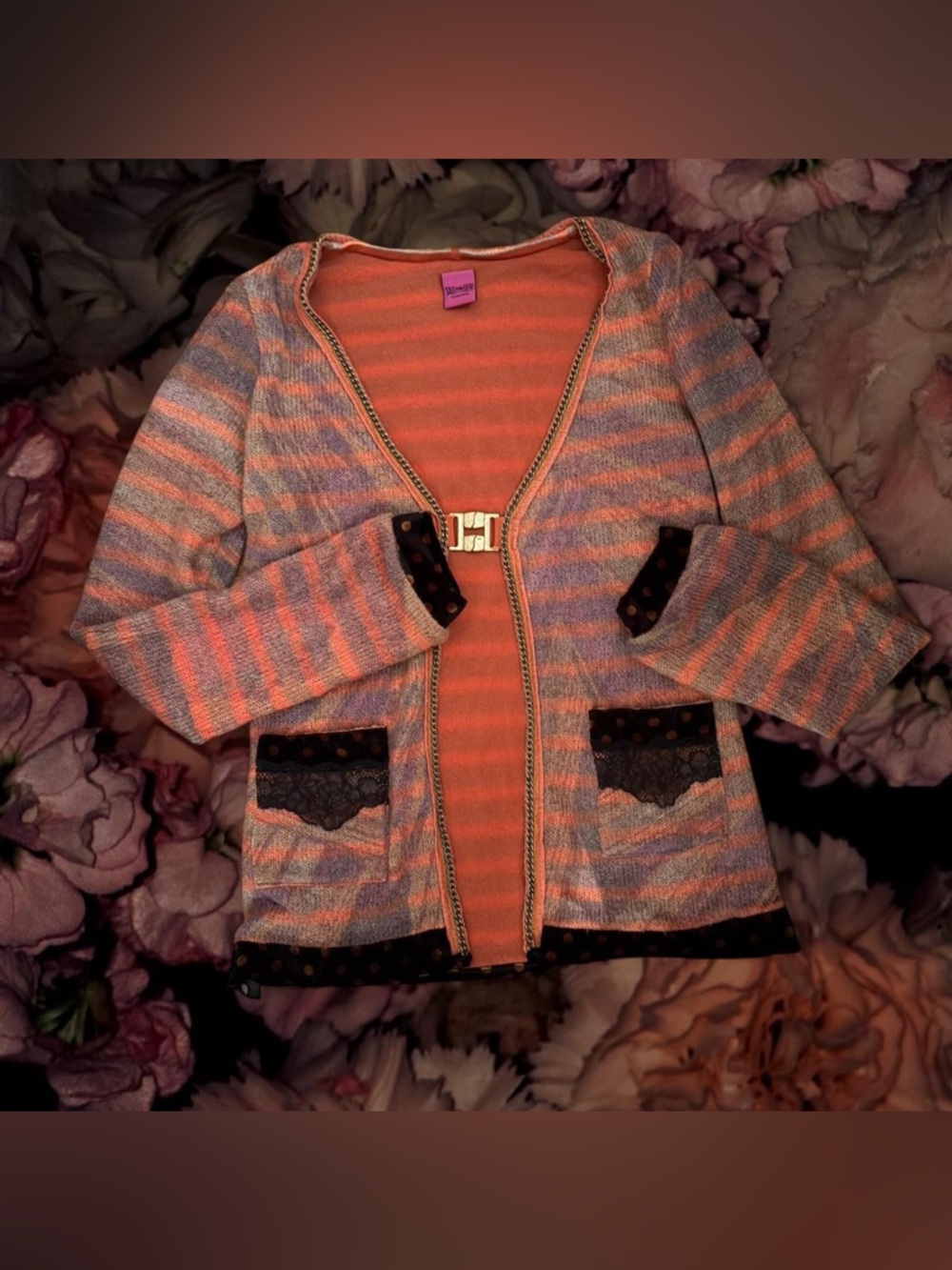 Save the queen Striped Coral & Lavender Cardigan with Lace and velvet Trim
